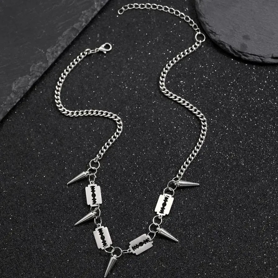 Hiphop Punk Razor Blade Rivet Tassel Geometric Metal Chain Necklace Unisex Stainless Steel Gift