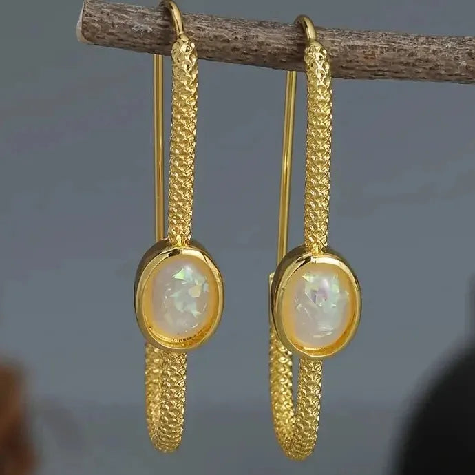 Retro Women's Turquoise Pearl Moonstone Gold Hoop Earrings Jewelry
