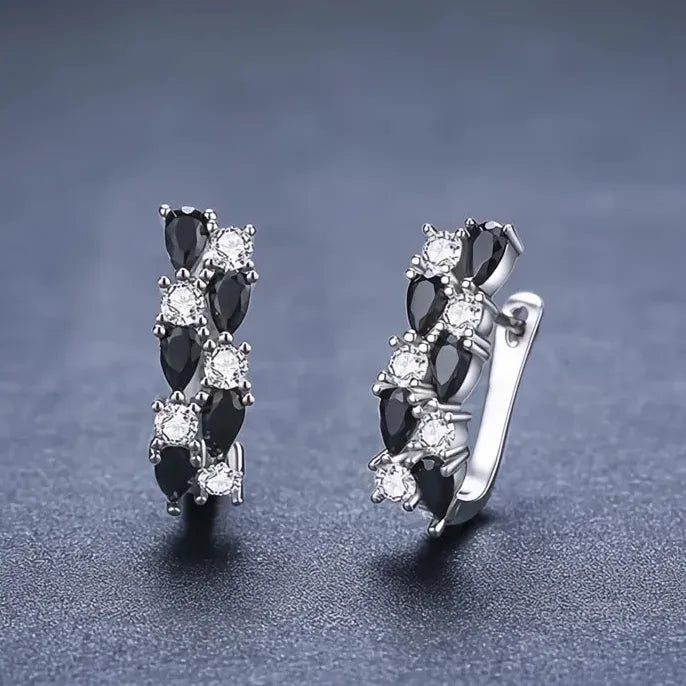 Geometric Black & White Cubic Zirconia Hoop Earrings in Copper Alloy
