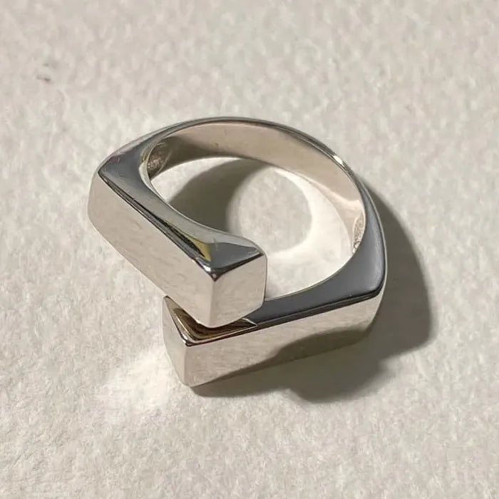Korean Silver Geometric Rectangle Cross Adjustable Ring for Women Jewelry Gift