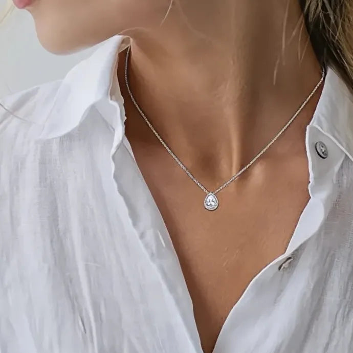 Geometric Crystal Water Drop Cubic Zirconia Pendant Necklace for Women Copper Alloy