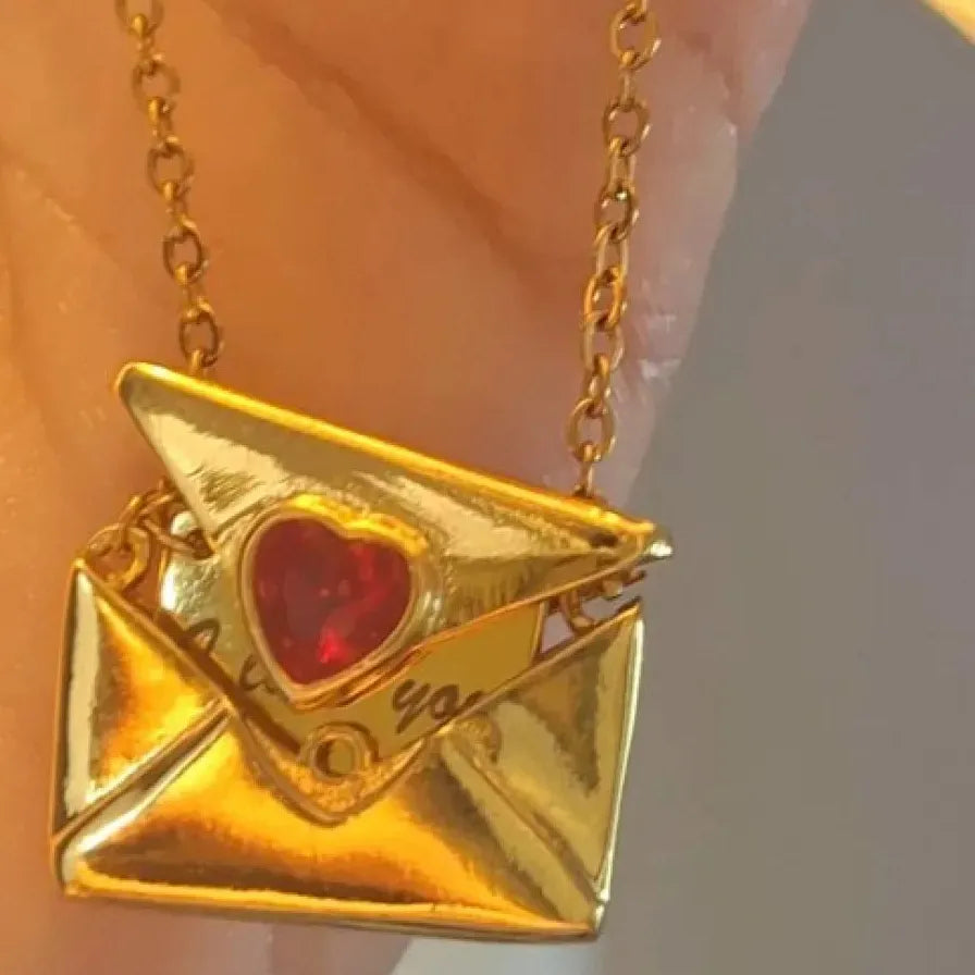 18K Gold Plated Stainless Steel Heart Envelope Pendant Necklace for Women Jewelry