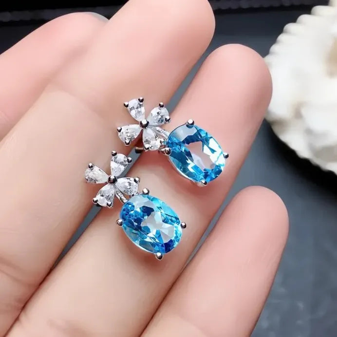 Sky Blue Cubic Zirconia Geometric Flower Stud Earrings for Women