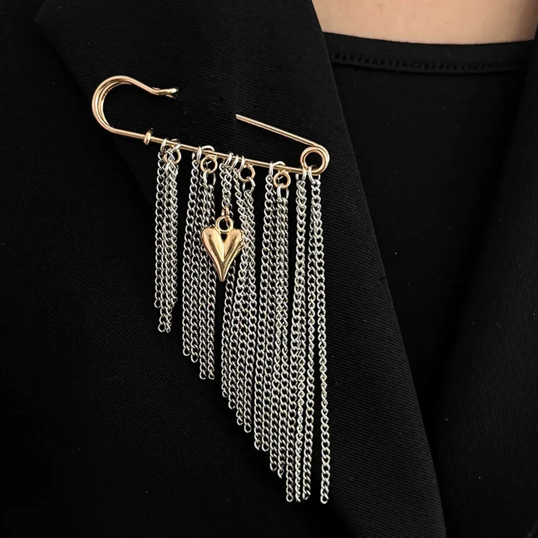 Gold Heart Pendant Brooch Pin with Multi-Layer Tassels for Women Zinc Alloy