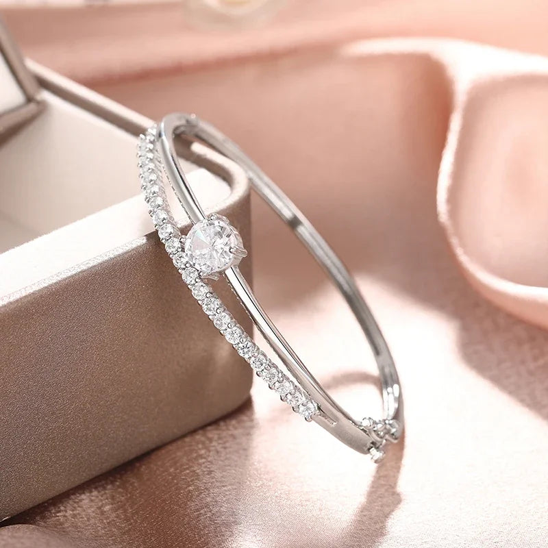 Geometric Double Line Bangle Bracelet with Cubic Zirconia for Women