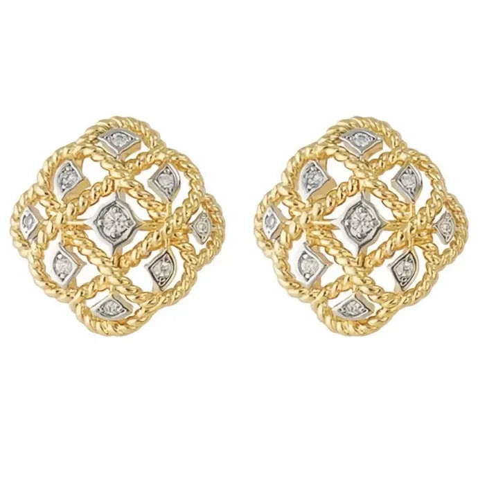 Vintage Hollow Two-Tone Rhombic Geometric Copper Alloy Stud Earrings Women