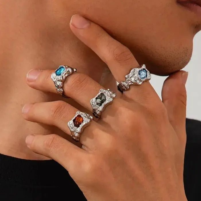 Folded Lava Metal Zircon Adjustable Rings Set Vintage Punk Jewelry Men Women