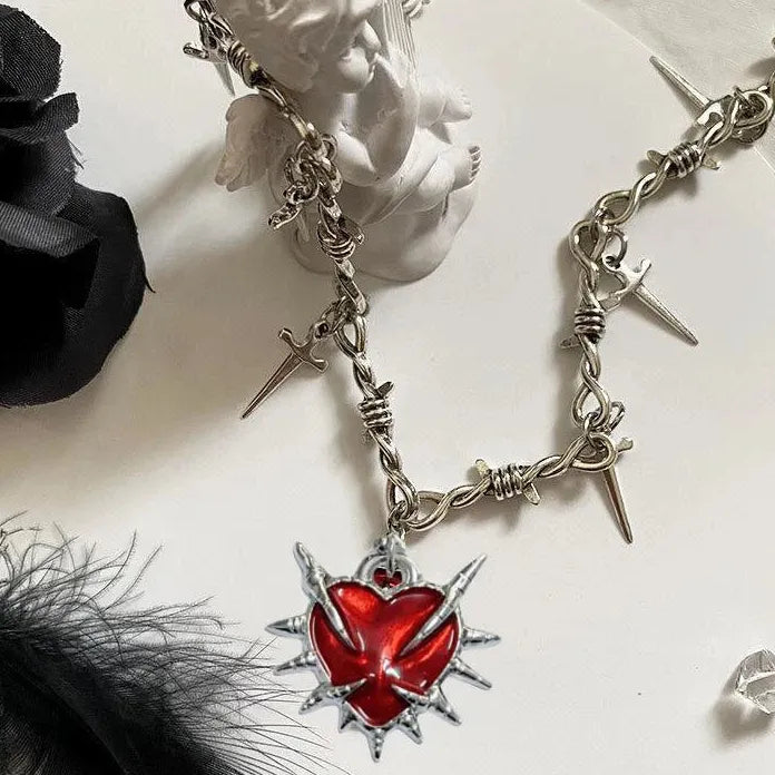 Black Heart Pendant Necklace Women Gothic Y2K Punk Cross Thorn Zinc Alloy Gift