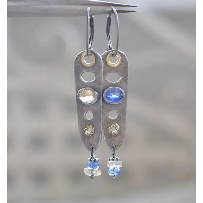Vintage Pentagram Inlaid Blue Stone Earrings Ethnic Style Silver Drop Jewelry