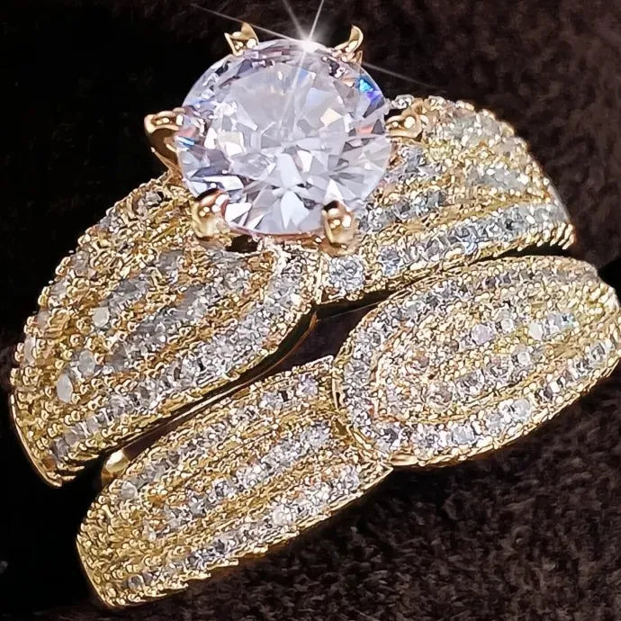 2Pcs Silver & Gold CZ Rings Set Bridal Wedding Jewelry Full Bling Luxury