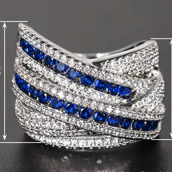 Geometric Cross Women’s Ring with Blue & White CZ for Wedding Party