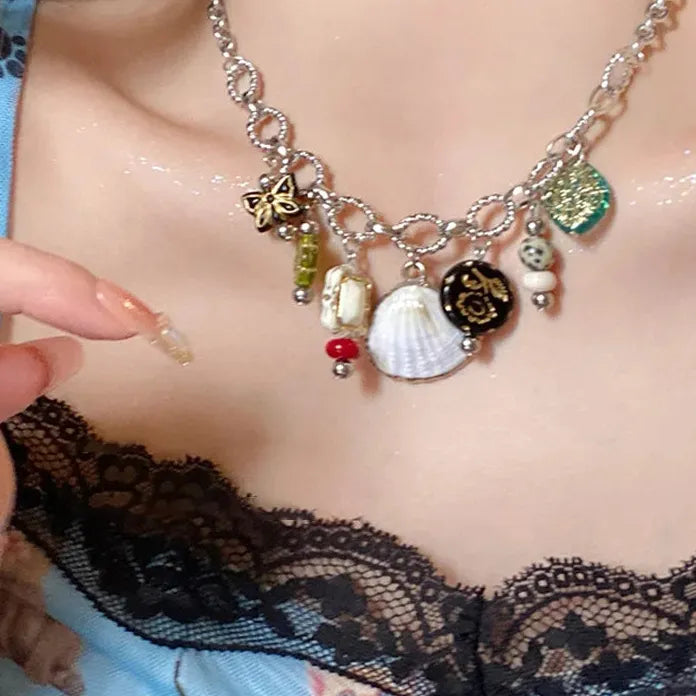 Vintage Zinc Alloy Rhinestone Butterfly Shell Choker Necklace with Tassel