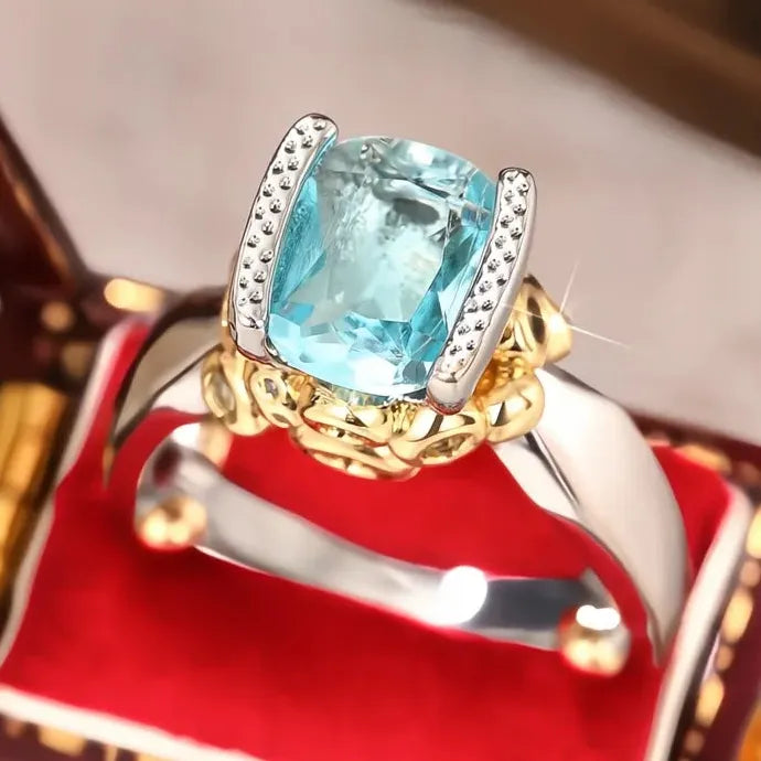 Two Tone Brass Women’s Geometric Ring with Blue CZ Wedding Party Jewelry