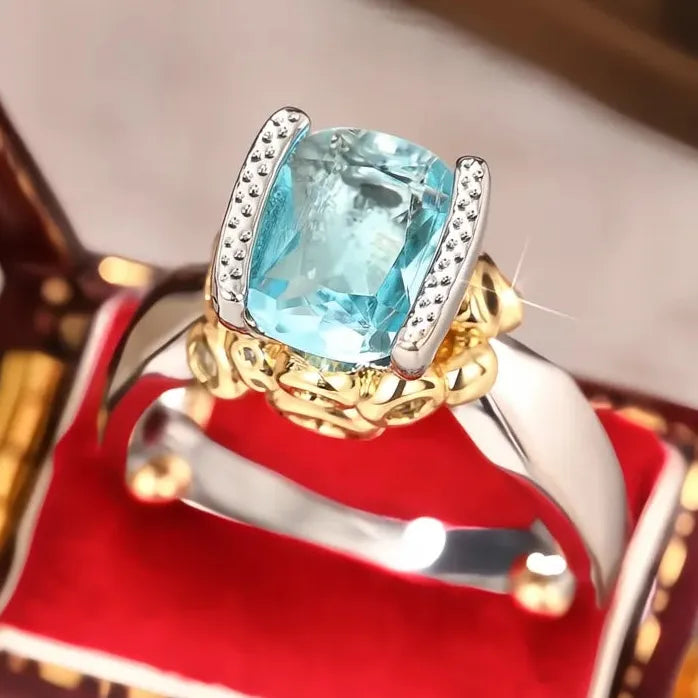 Geometric Brass Ring with Light Blue Cubic Zirconia for Women Party Jewelry