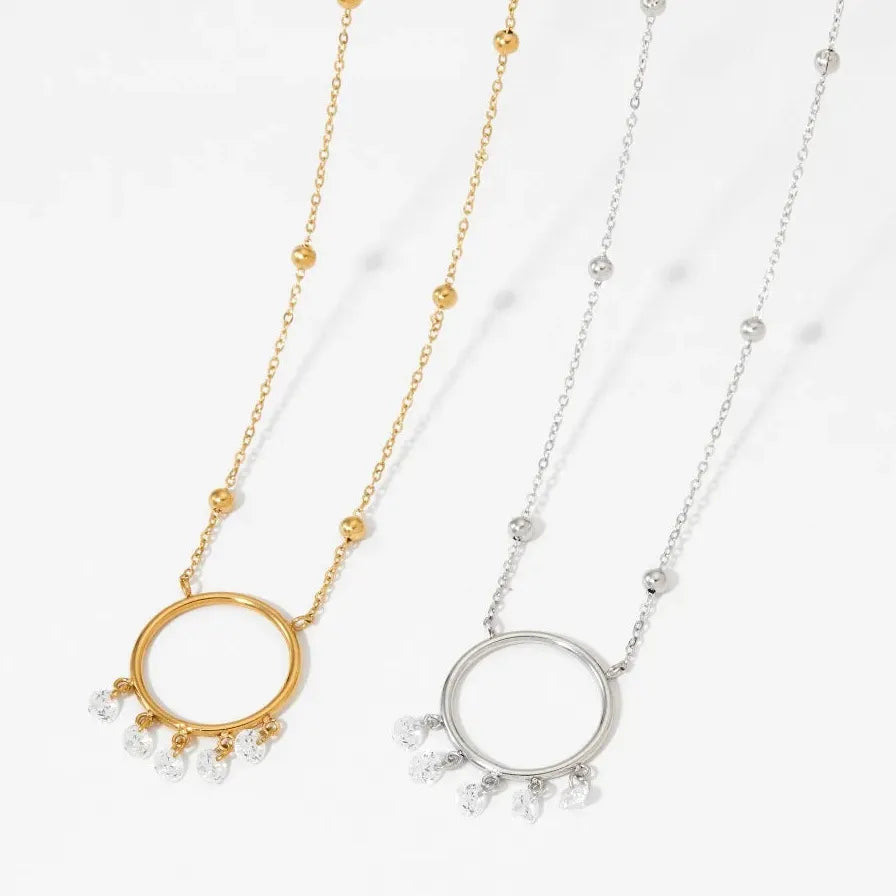 Minimalist Big Circle Zircon Pendant Necklace 18K Gold Plated Crystal Choker Waterproof Jewelry