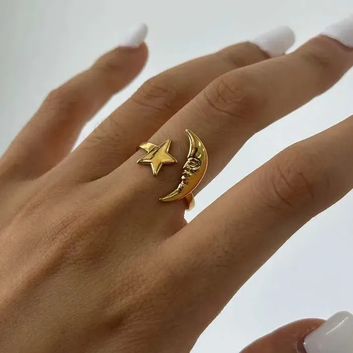 Adjustable Stainless Steel Moon Star Ring for Women Celestial Gift