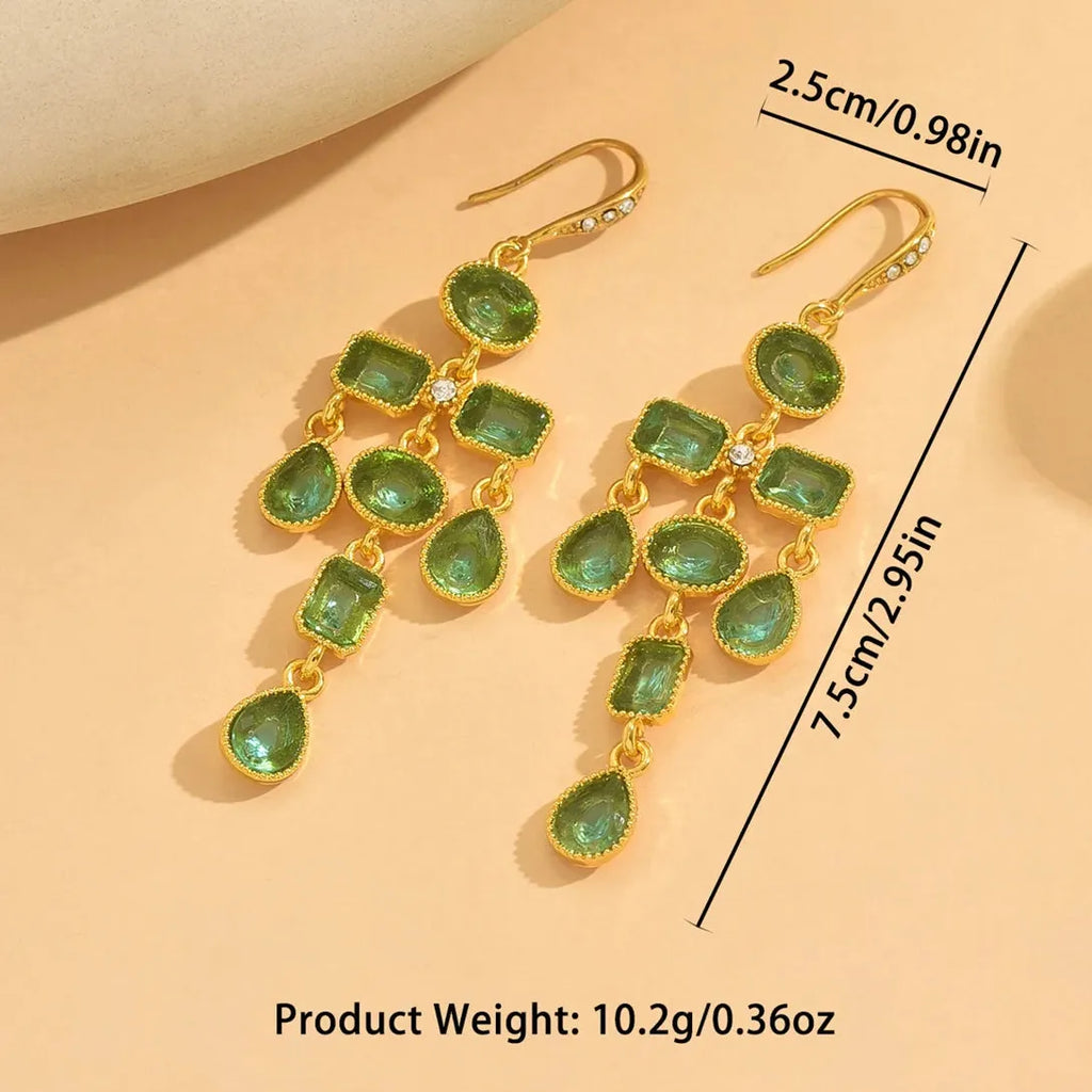 Tassel Long Drop Earrings Green Zircon Pendant Geometric Gold Jewelry Women Zinc Alloy