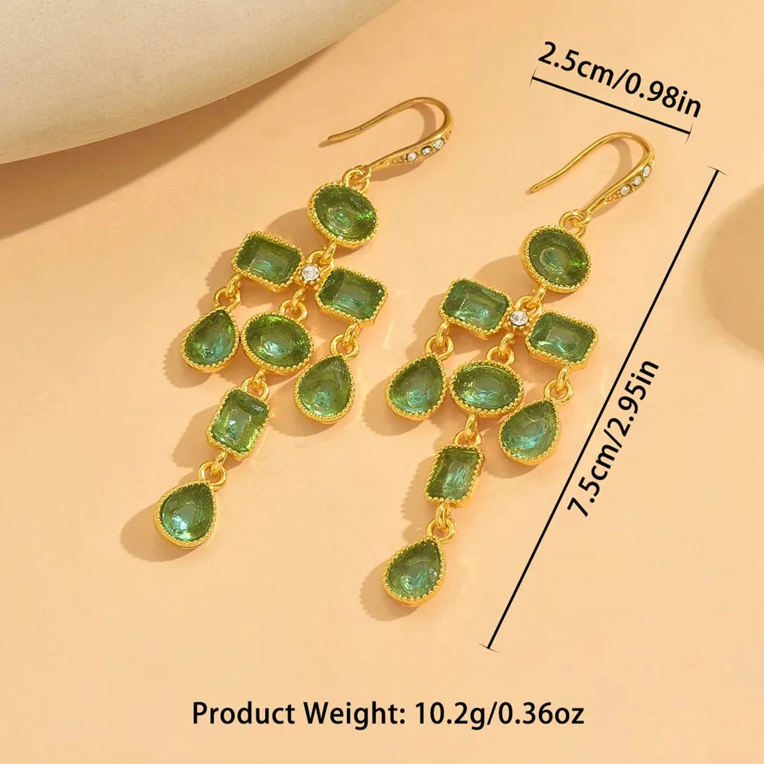 Tassel Long Drop Earrings Green Zircon Pendant Geometric Gold Jewelry Women Zinc Alloy