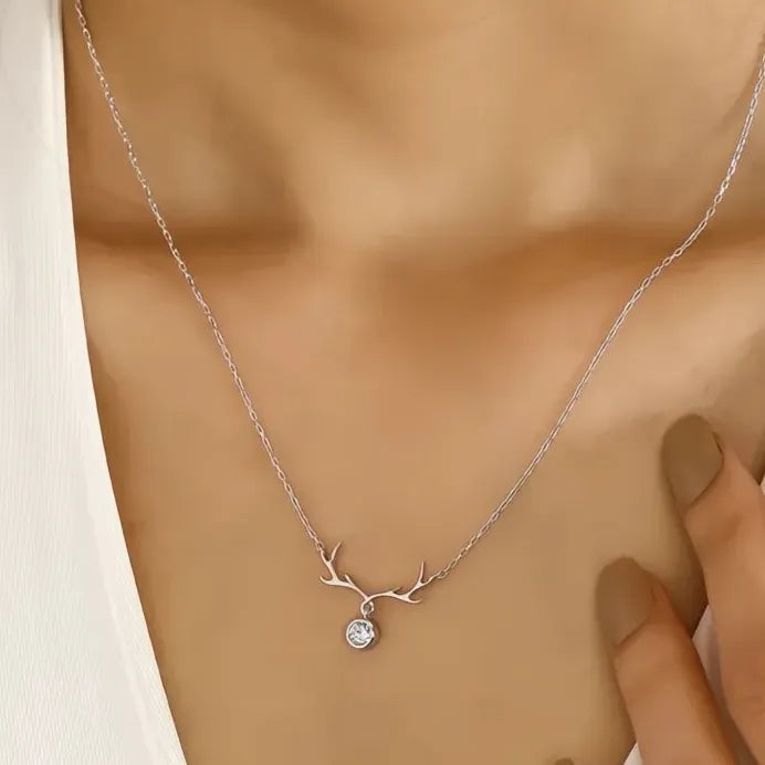 Elk Antler Pendant Necklace for Women with Cubic Zirconia Jewelry