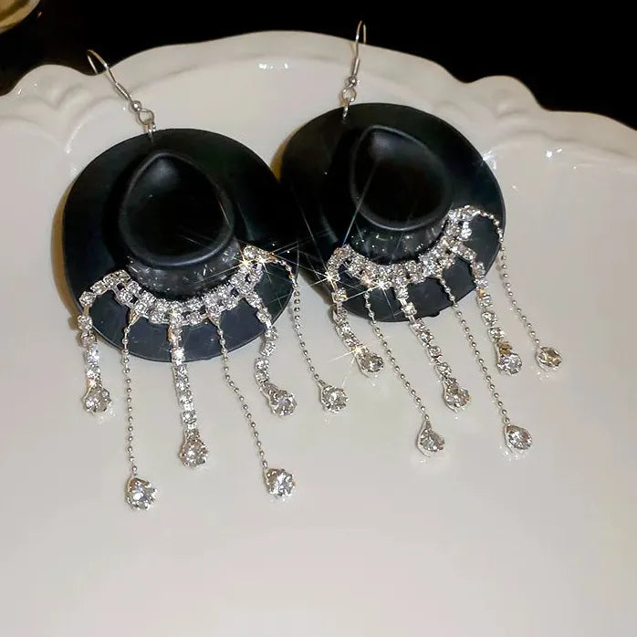 Cowboy Hat Tassel Earrings Women Copper Alloy Rhinestone Drop Y2K Jewelry