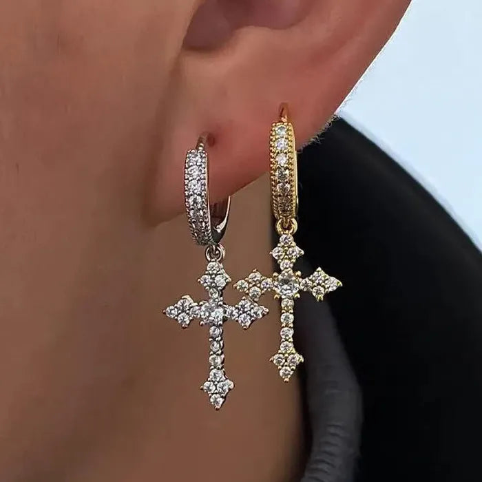 2Pcs Copper Cross Hoop Earrings for Men Women Rhinestone Jewelry