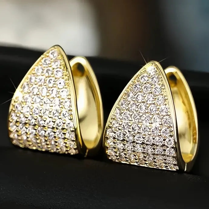 Women Gold Brass CZ Geometric Hoop Earrings Wedding Party Jewelry