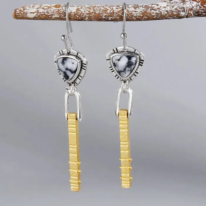 Vintage Geometric Irregular Triangle Black & White Synthetic Stone Drop Earrings for Women