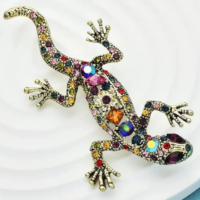 Vintage Multicolor Rhinestone Gecko Brooch Pin for Men and Women Gift