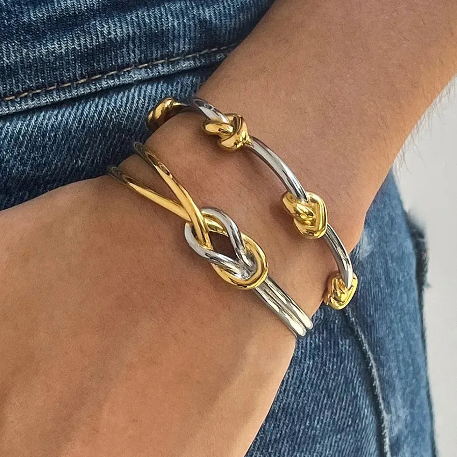 French Style Two-tone Knot Geometric Stainless Steel Cuff Bracelet Women