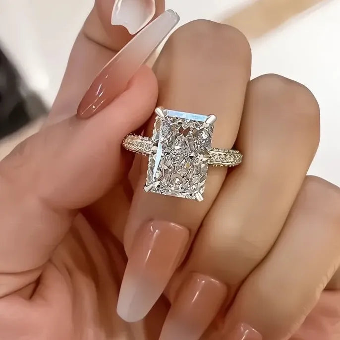 Rectangle Cut Cubic Zirconia Brass Ring for Women Wedding Engagement Band