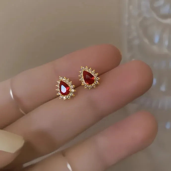 Bright Red Water Drop CZ Stud Earrings Copper Alloy Luxury Wedding Gift