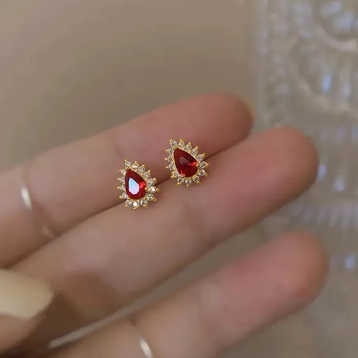 Red Water Drop CZ Stud Earrings Gold Color Fashion Jewelry Gift