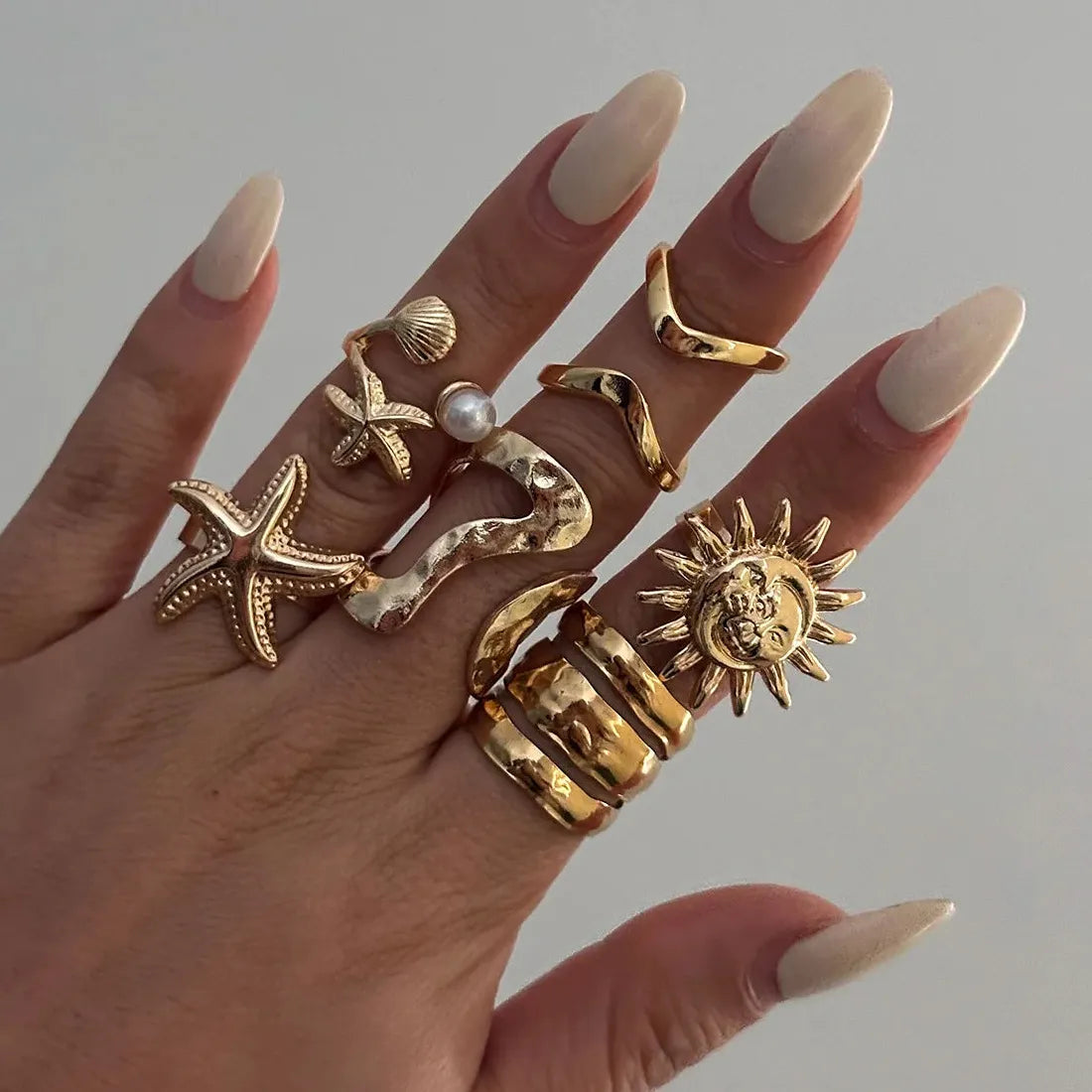 6Pcs Starfish Open Rings Punk Jewelry for Women Men Vintage Fashion Accessory