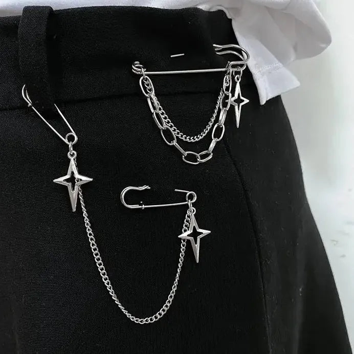 Zinc Alloy Punk Star Pendant Brooch with Double-Layer Tassel Chain for Women
