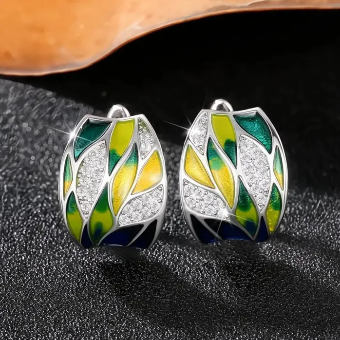 Women's Leaf Design Enamel Hoop Earrings Brass Alloy Anniversary Jewelry