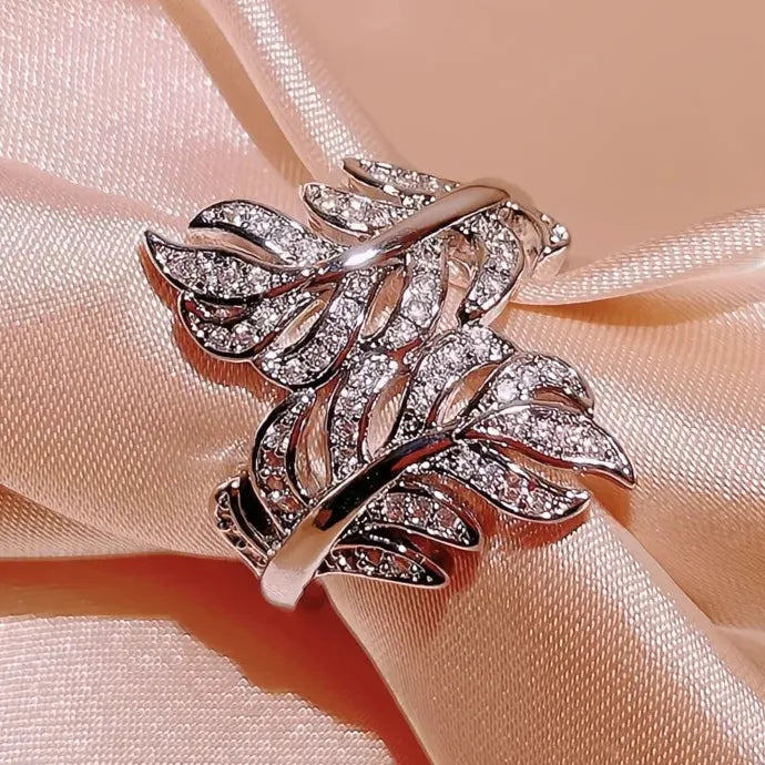 Silver Plated Leaves Ring with Crystal Cubic Zirconia Wedding Band for Women