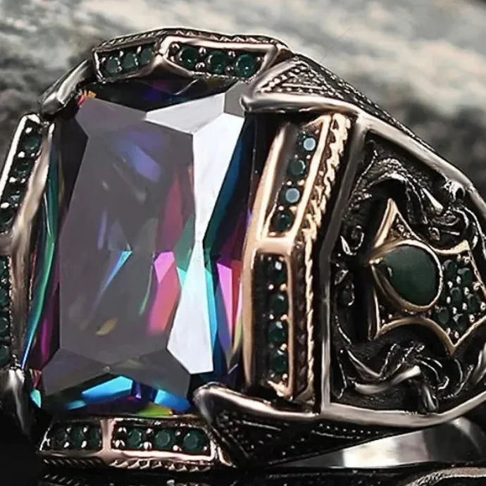 Retro Handmade Turkish Silver Signet Ring Men Green Zircon Carving Pattern