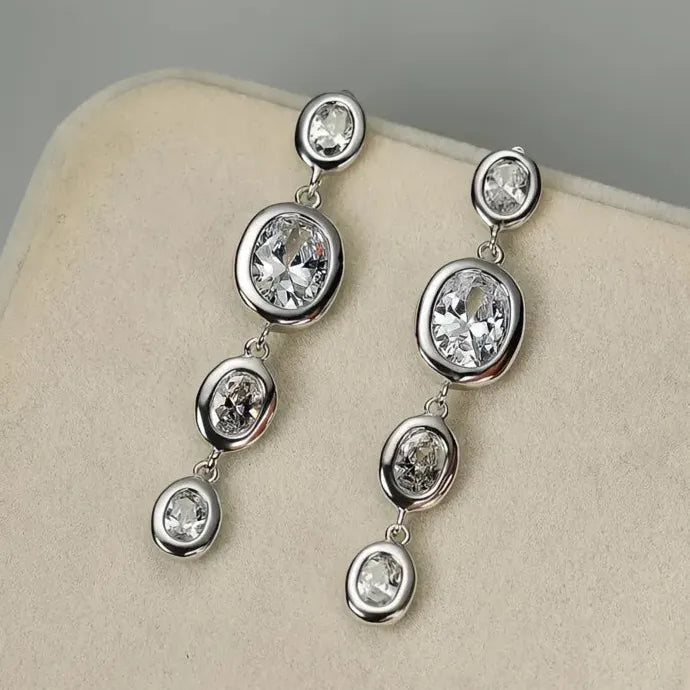 Long Silver Geometric Drop Earrings Copper Alloy Luxury Cubic Zirconia