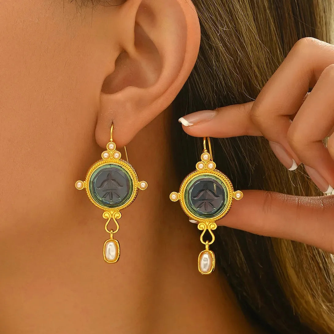 Blue Geometric Inlay Pearl Drop Earrings for Women Party Birthday Jewelry