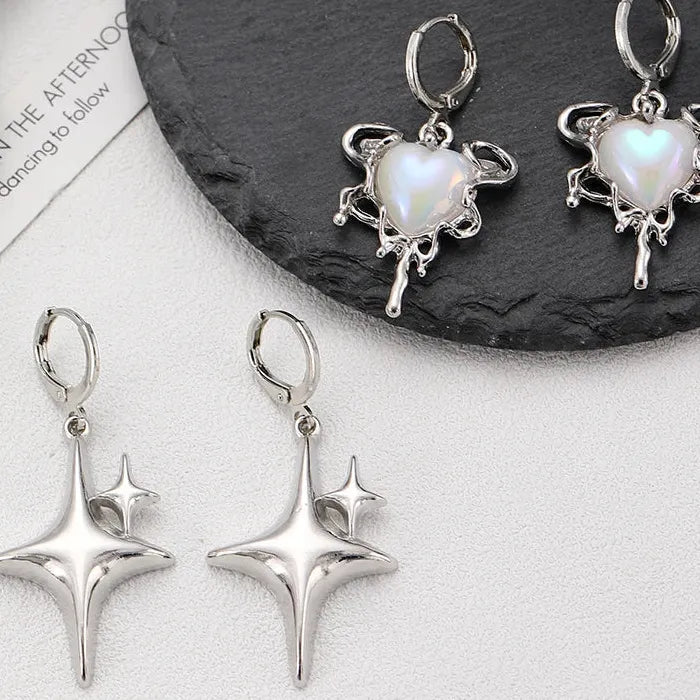 Y2K Silver Metal Star Drop Earrings Rhinestone Punk Jewelry for Women