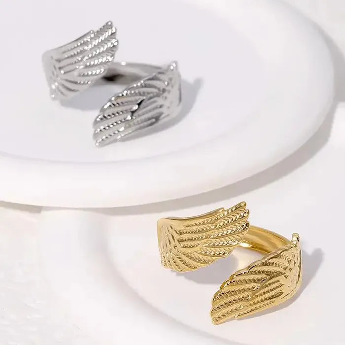 Stainless Steel Feather Ring Punk Gold Wide Edge Open Finger Jewelry Fashion