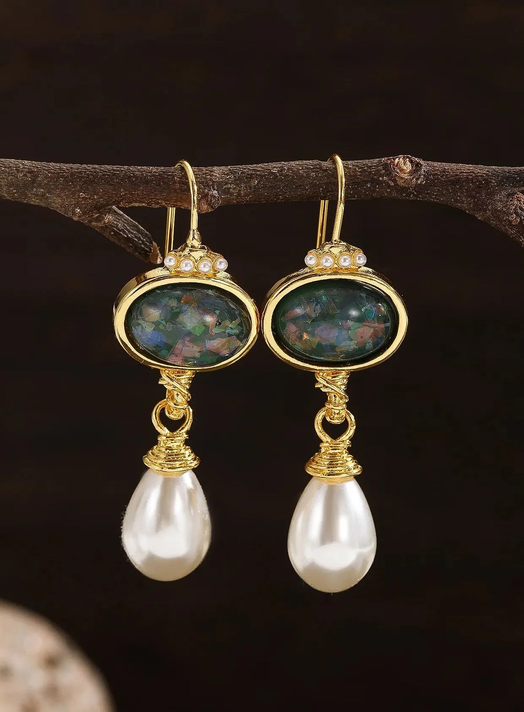 Gold Color Black Stone Round Geometry Drop Earrings for Women Pearl Dangle Jewelry