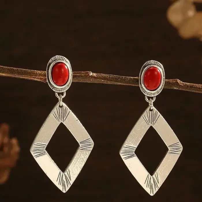 Vintage Bohemian Silver Plated Geometric Drop Earrings for Women Hollow Diamond Design