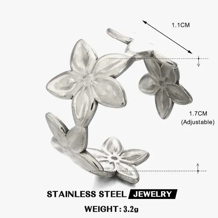 Adjustable Stainless Steel Flower Ring for Women Vintage Gold Petal Jewelry Gift