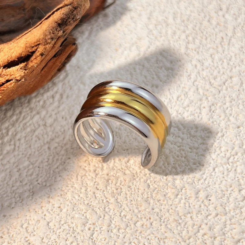 Punk 18k Gold Plated Stainless Steel Thick Stripe Three Layer Knuckle Ring