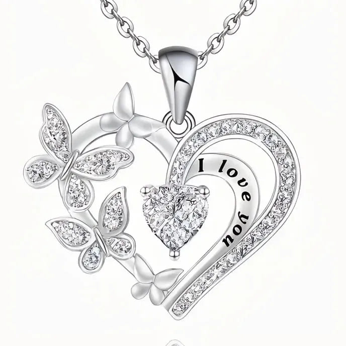 Purple White Butterfly Love Pendant Necklace for Women Cubic Zirconia Wedding Party Jewelry