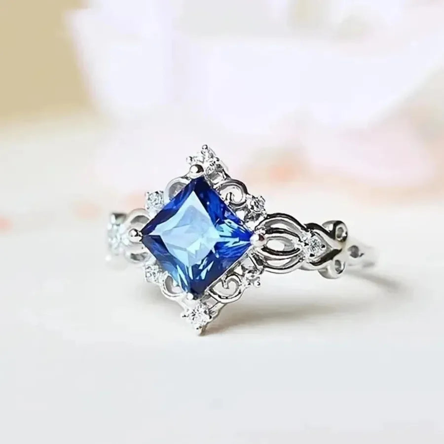 Blue Square Silver Color Wedding Rings for Women Luxury Engagement Jewelry