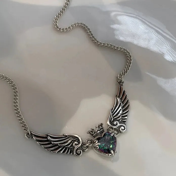 Vintage Gothic Heart Angel Wings Zinc Alloy Pendant Necklace Women