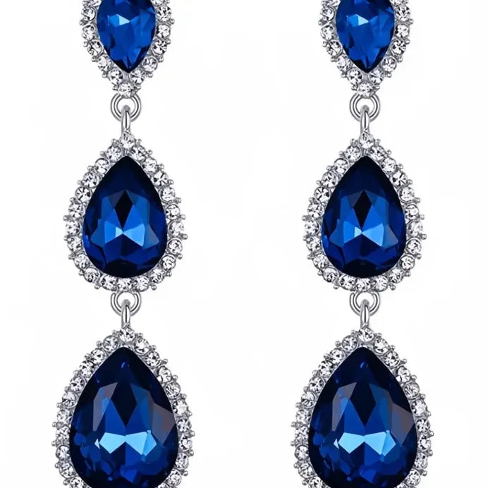 Geometric Black & Blue Pear Cubic Zirconia Long Drop Earrings for Women