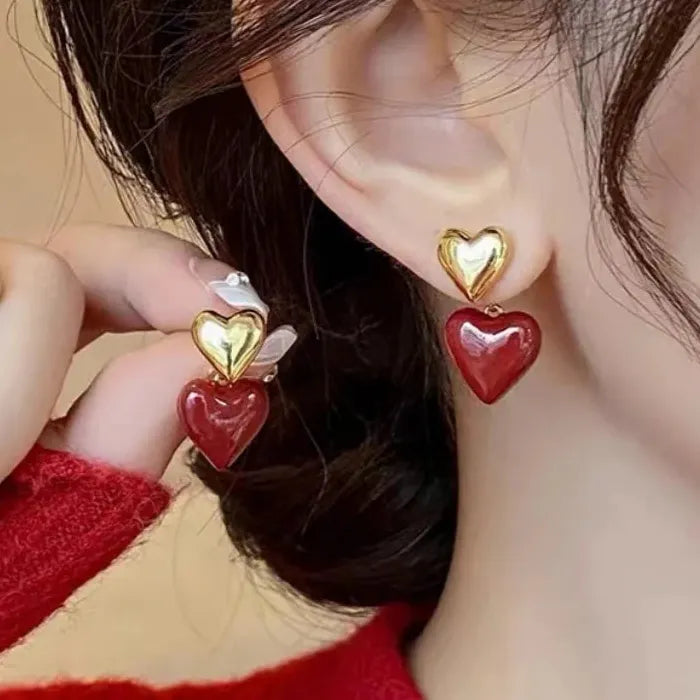 Red Heart Dripping Oil Dangle Earrings for Women Girls Zinc Alloy Enamel